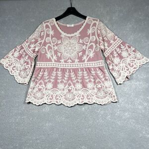 Anthro Kindred Embroidered Blouse Womens Size Large Pink Scoopneck Peasant Boho